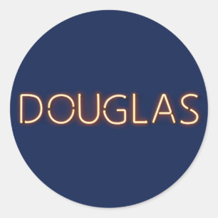 Douglas naam in gloeiende neonlampen ronde sticker