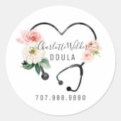 Doula Bloemige Stethoscoop Ronde Sticker (Voorkant)