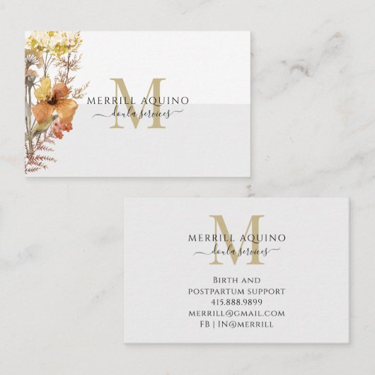 Doula Diensten Monogram Waterverf Wildbloemen Visitekaartje (Voorkant / Achterkant)