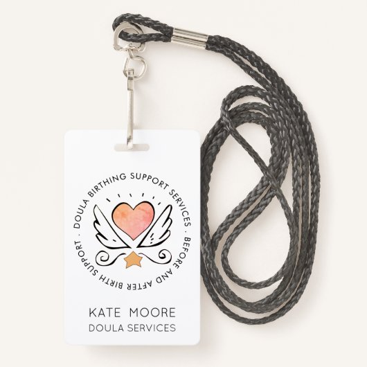 Doula of vroedvrouw hart met vleugels naam wit badge (Voorkant met draagriem)