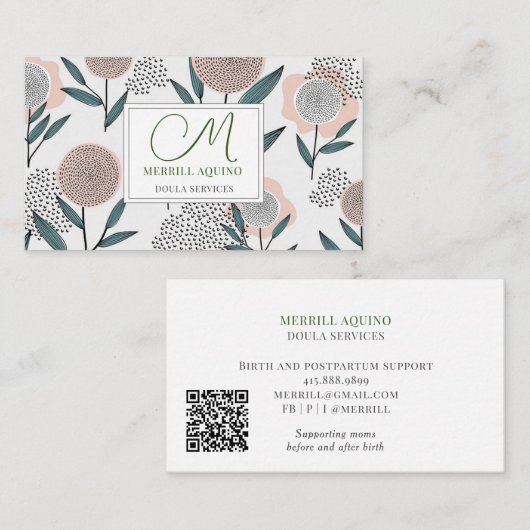 Doula Services Hand Drawn Floral Monogrammed Visitekaartje (Voorkant / Achterkant)