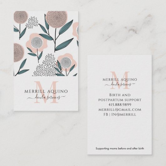 Doula Services Monogram Handtekening Floral Visitekaartje (Voorkant / Achterkant)
