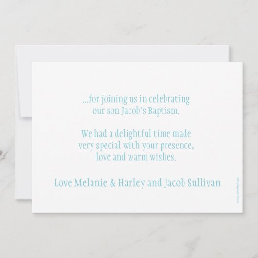 Dove aqua blue boys baptisme foto bedankt (Achterkant)