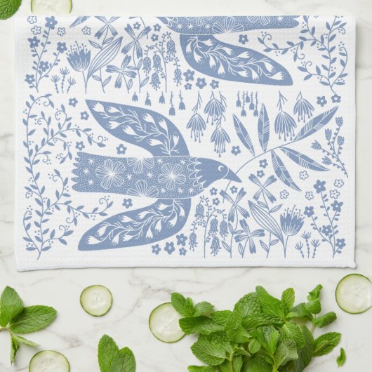 Dove Bird Blue Theedoek (Gevouwen)