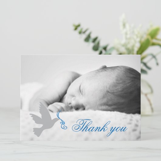 Dove blauwe jongens doop foto bedankkaart (Staand voorkant)