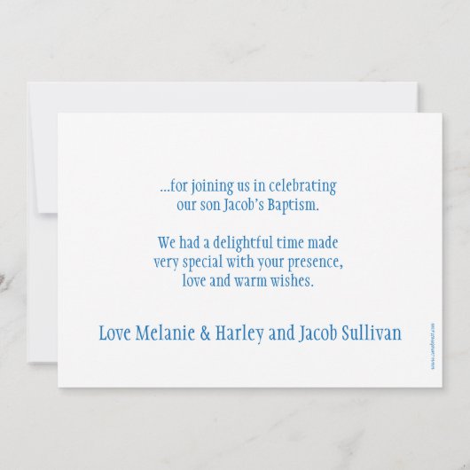 Dove blauwe jongens doop foto bedankkaart (Achterkant)