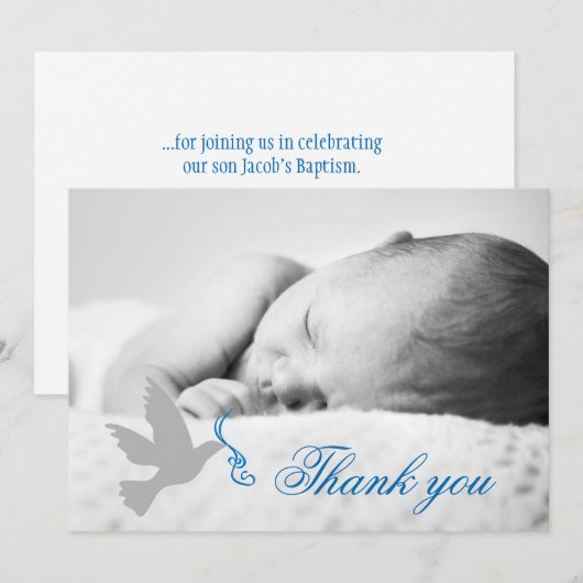 Dove blauwe jongens doop foto bedankkaart (Voorkant / Achterkant)