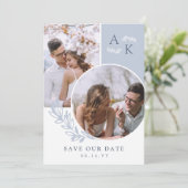 Dove Blue Greenery Overlapping Photos Save The Date (Staand voorkant)