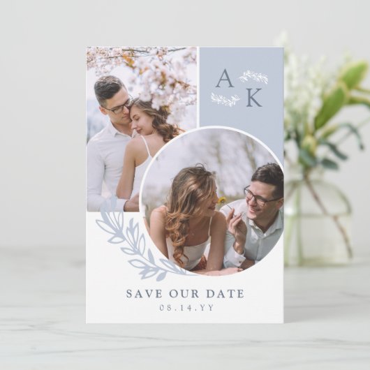 Dove Blue Greenery Overlapping Photos Save The Date (Staand voorkant)