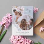 Dove Blue Greenery Overlapping Photos Save The Date<br><div class="desc">Double sided save the date card in white and dove blue with your initials,  overlapping photos,  and greenery with clean elegant fonts. Photo save the date card with a modern design personalized with your monogram and photos,  two on one side and one on the other.</div>