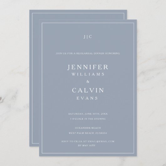 Dove Blue Monogram repetitie diner uitnodiging (Voorkant / Achterkant)
