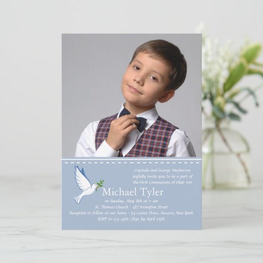 Dove Blue religieuze foto uitnodiging (Staand voorkant)