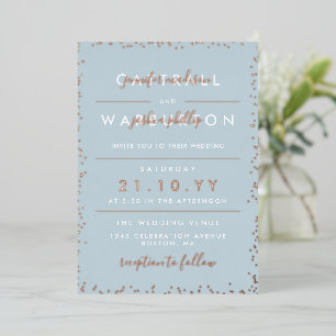 Dove Blue & Roos Gold Typography Confetti Wedding Folie Uitnodiging