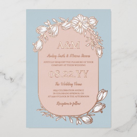 Dove Blue Roos Gold White Floral Lijst Wedding Folie Uitnodiging (Voorkant)