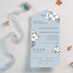 Dove Blue & White  Flowers Wedding All In One Uitnodiging