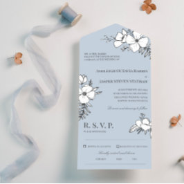 Dove Blue & White  Flowers Wedding All In One Uitnodiging