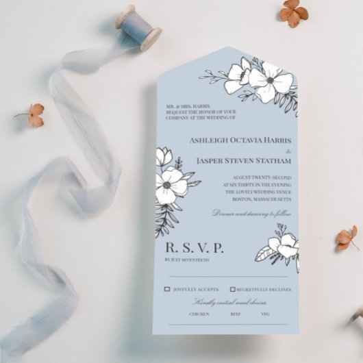 Dove Blue & White  Flowers Wedding All In One Uitnodiging
