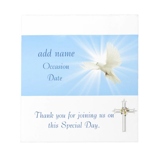 Dove Confirmation, Baptism Candy Bar Wrapper Favor Notitieblok (Voorkant)