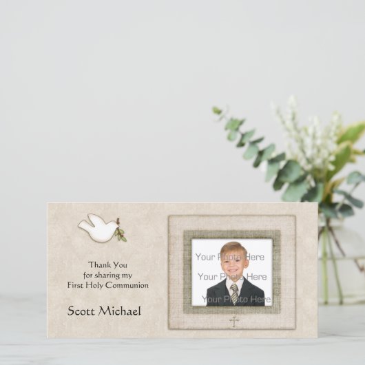 Dove, Cross, Tan, Religieuze Fotokaart Bedankkaart (Staand voorkant)