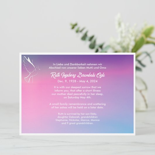 Dove Europese stijl Dood Aankondiging Kaart (Staand voorkant)