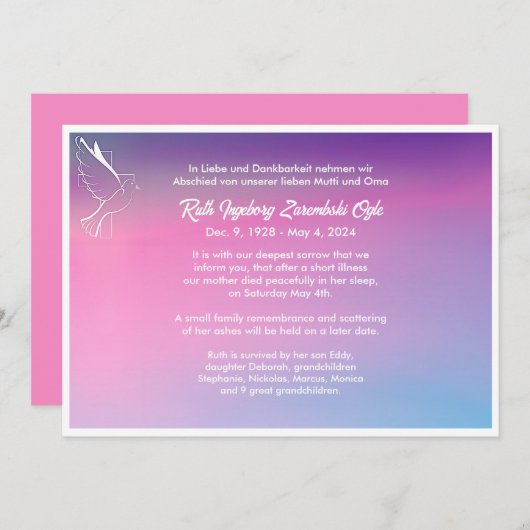 Dove Europese stijl Dood Aankondiging Kaart (Voorkant / Achterkant)