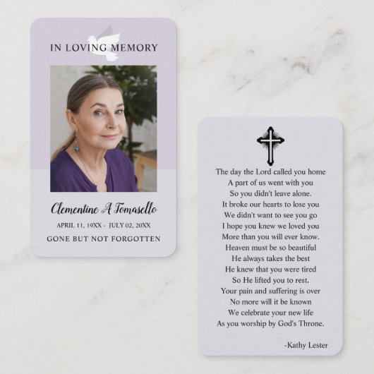 Dove Funeral Memorial Prayer Photo Card Visitekaartje (Voorkant / Achterkant)