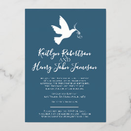 Dove Gold blue, eenvoudige huwelijksfoto Folie Uitnodiging