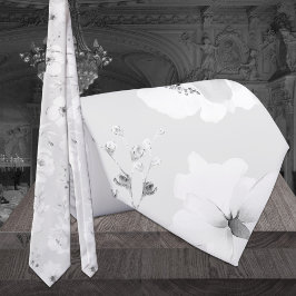 Dove Grey on White Garden Peony Wedding Stropdas