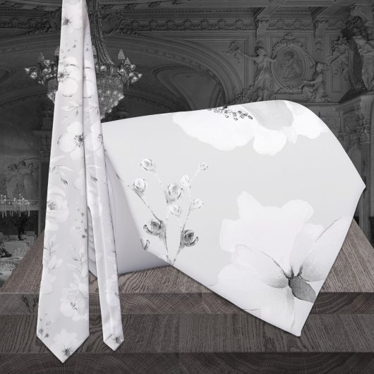 Dove Grey on White Garden Peony Wedding Stropdas