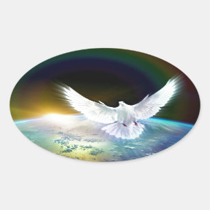 Dove of Peace Heilige Geest over Aarde met Regenbo Ovale Sticker