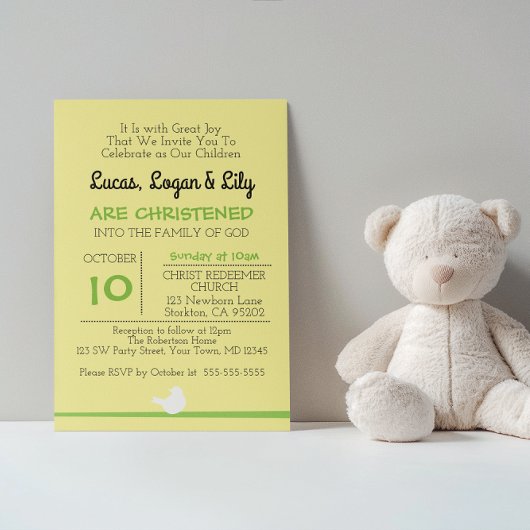 Dove on Branch Yellow Christening Invitation Kaart