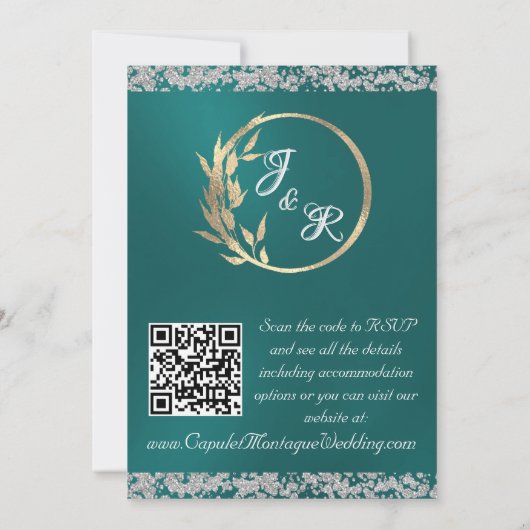 Dove, Silver Heart & Glitter, QR-code - Blauwgroen Kaart (Achterkant)