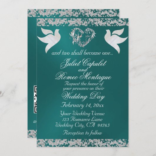 Dove, Silver Heart & Glitter, QR-code - Blauwgroen Kaart (Voorkant / Achterkant)