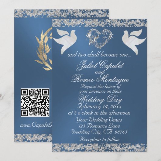 Dove, Silver Heart & Glitter, QR Code - Blue Kaart (Voorkant / Achterkant)