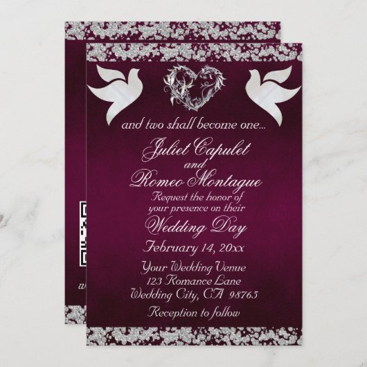 Dove, Silver Heart & Glitter, QR-code - Paarse Kaart (Voorkant / Achterkant)