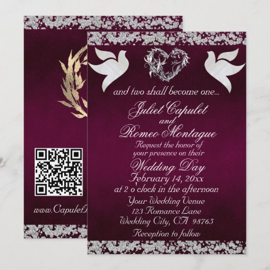 Dove, Silver Heart & Glitter, QR Code - Purple Kaart (Voorkant / Achterkant)
