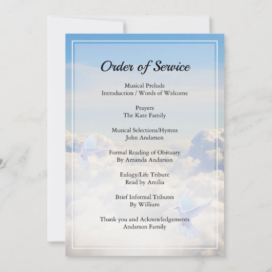 Dove & sky Funeral Order of Service Invitation Kaart (Achterkant)