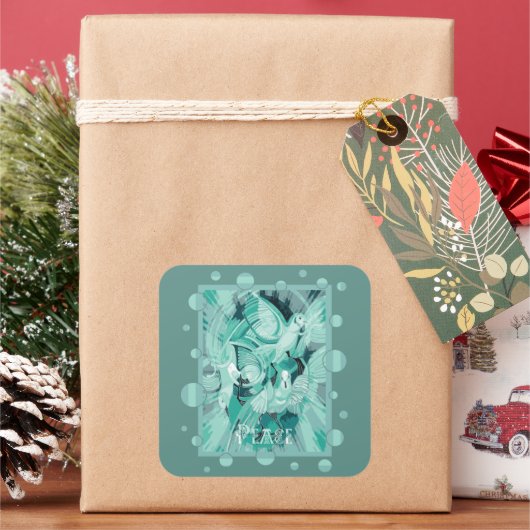 Dove With Celtic Peace Text In Aqua Tones Vierkante Sticker (Feestdagen)