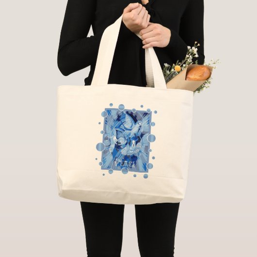 Dove With Celtic Peace Text In Blue Tones Grote Tote Bag (Voorkant (product))