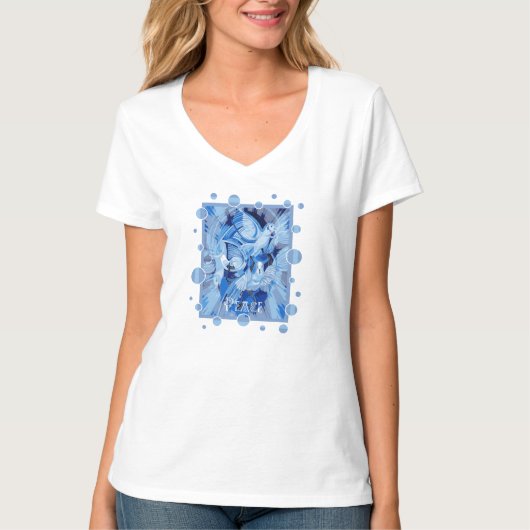 Dove With Celtic Peace Text In Blue Tones T-shirt (Voorkant)