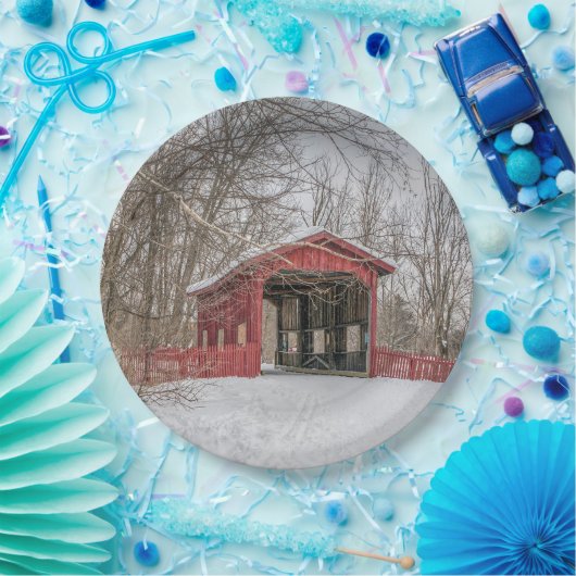 Dovered Bridge Red Snow Photo Papieren Bordje (Feest)