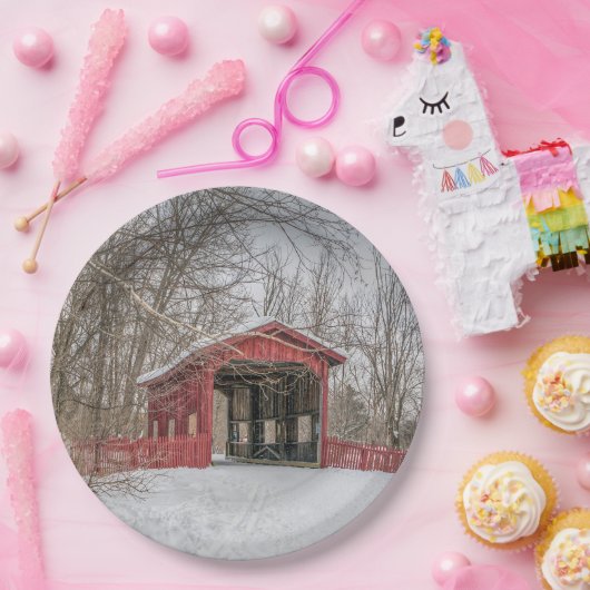 Dovered Bridge Red Snow Photo Papieren Bordje (Feest)