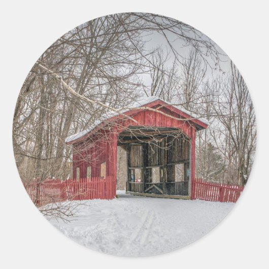Dovered Bridge Red Snow Photo Ronde Sticker (Voorkant)