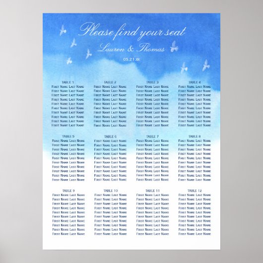 Doves & Blue Waterverf Wedding Seating Chart Poster (Voorkant)