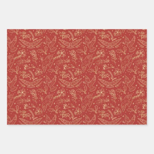 Doves of Peace Shimmer Gold Foil Floral Pattern Inpakpapier Vel (Voorkant)