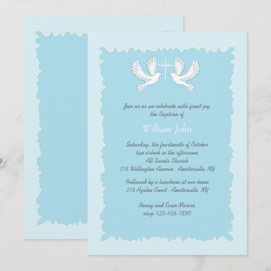 Doves Religious Invitation Blue Kaart (Voorkant / Achterkant)