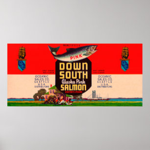 Down South Brand Salmon Label - Seattle, WA Poster