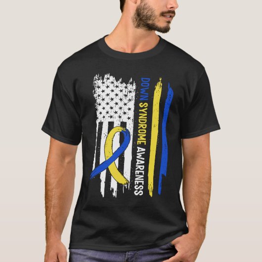 Down Syndrome USA Flag Blue Yellow Ribbon T-shirt (Voorkant)