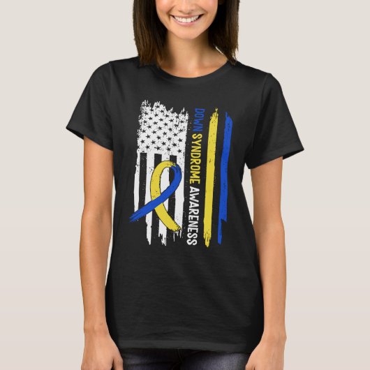 Down Syndrome USA Flag Blue Yellow Ribbon T-shirt (Voorkant)