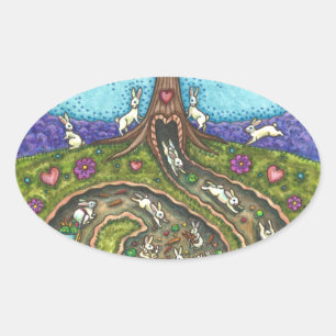 DOWN THE RABBIT HOLE, CARROT WILLOW TRELK FOLK ART OVALE STICKER